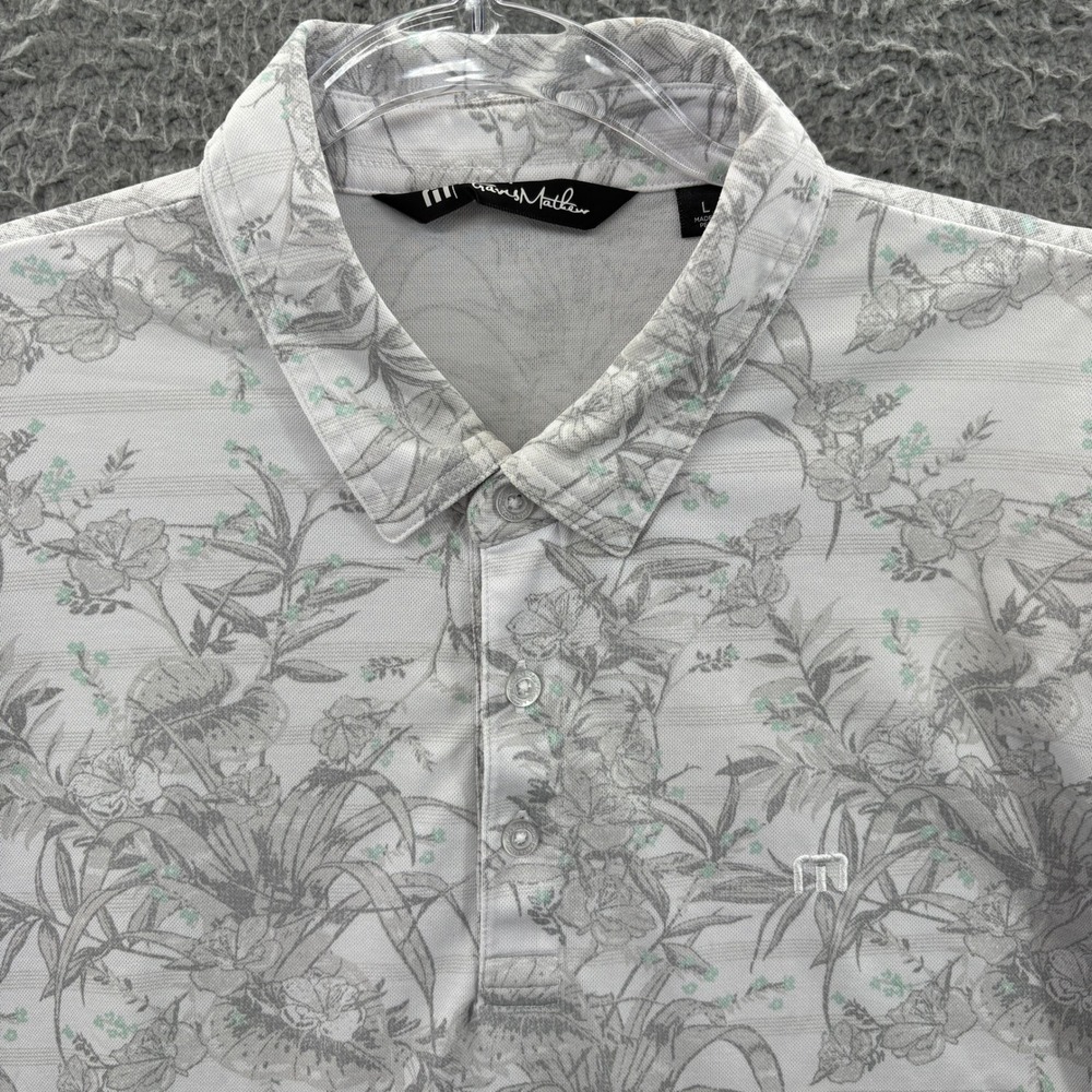 Travis Mathew Polo Shirt Mens L White Gray Floral All Over Print Short Sleeve